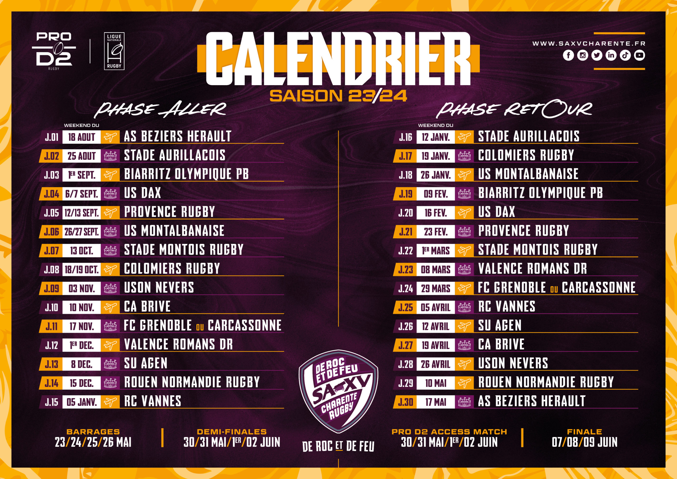 Pro Le calendrier PRO D2 20232024 du SA XV ! SA XV Charente